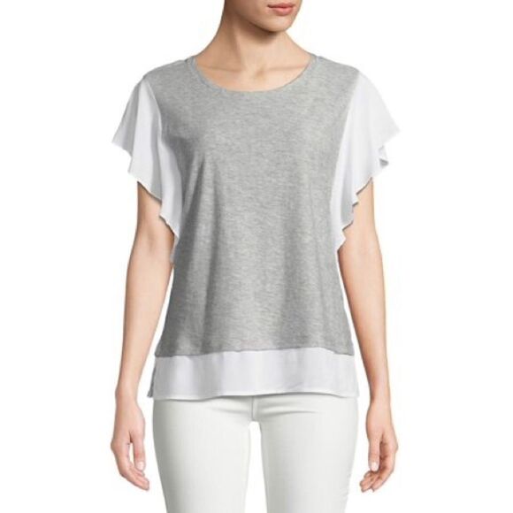 Vince Camuto Ruffle Sleeve Mix Media Blouse Sz Med - Picture 1 of 8